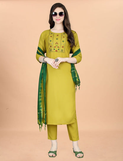 Women Cotton Blend heavy embroidery Kurta With Pant And Dupata Set