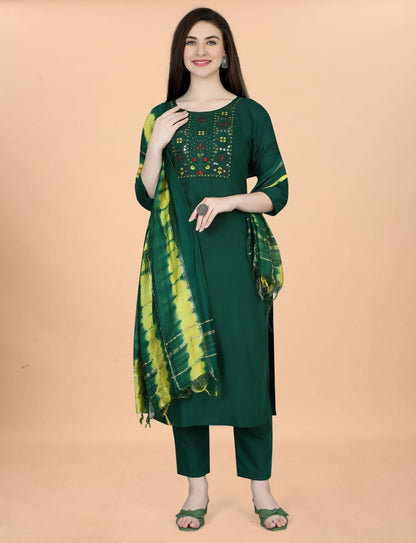 Women Cotton Blend heavy embroidery Kurta With Pant And Dupata Set