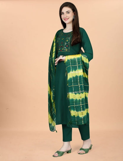 Women Cotton Blend heavy embroidery Kurta With Pant And Dupata Set