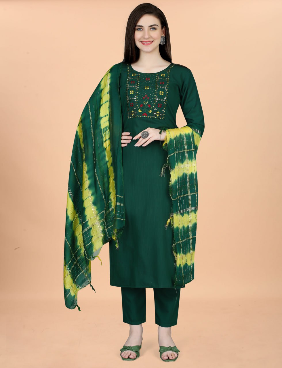 Women Cotton Blend heavy embroidery Kurta With Pant And Dupata Set