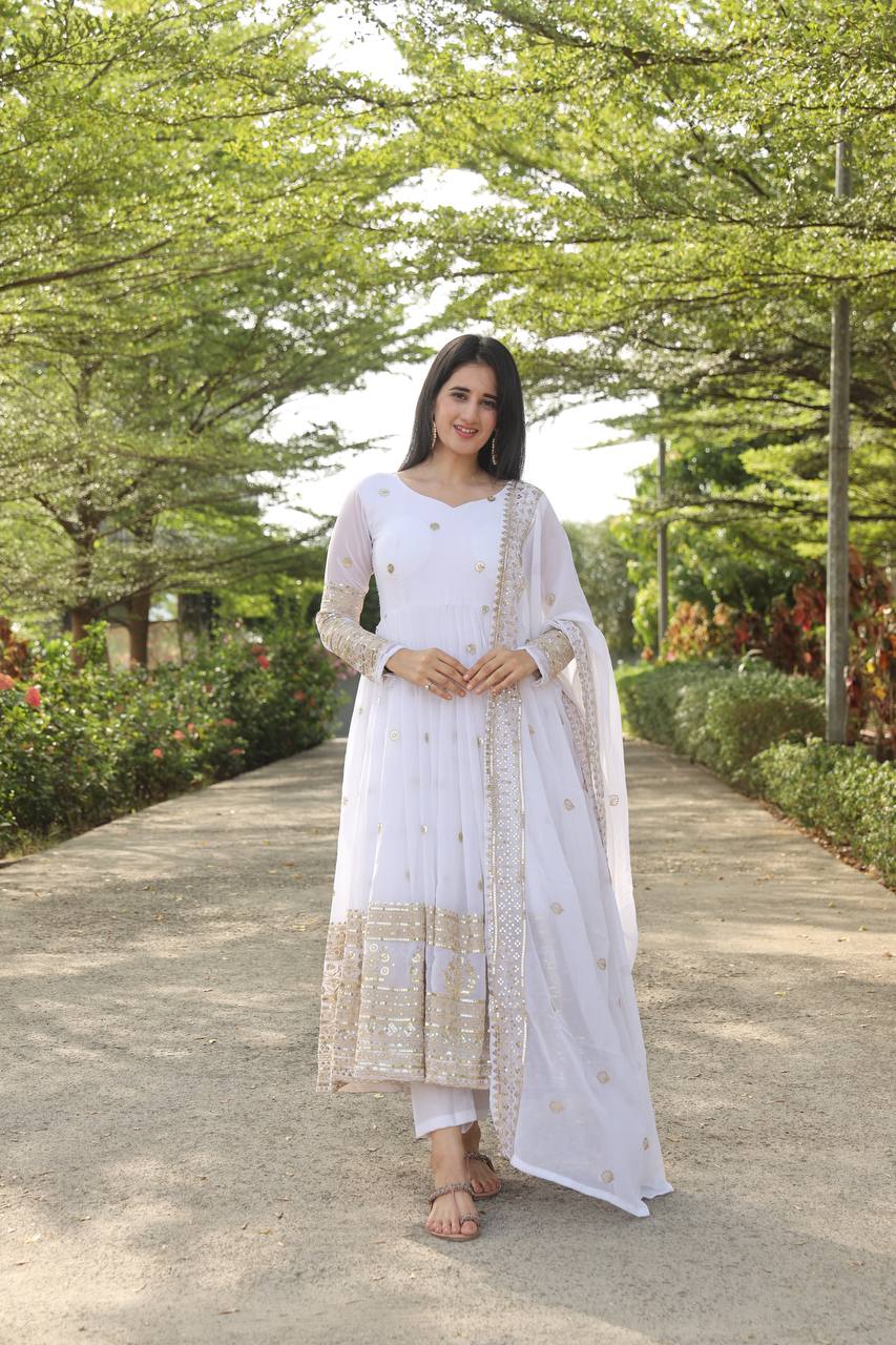 Luxurious White Designer Anarkali Suit with Thread-Sequins Embroidery – For the Elegant and Deserving Woman