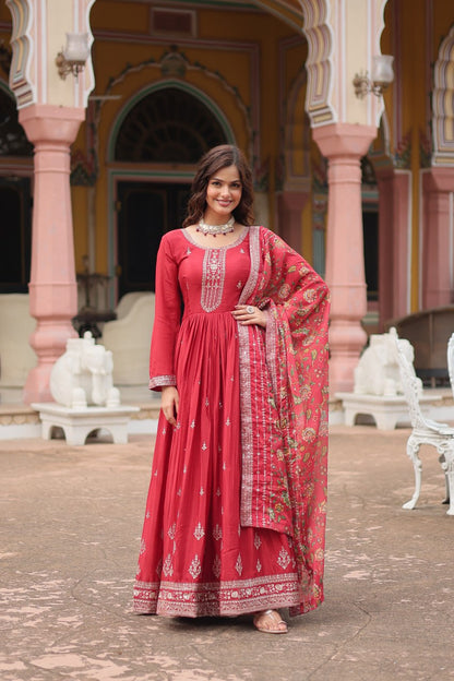 Glamorous Chinon & Sequins Embroidered Gown with Kalamkari Dupatta