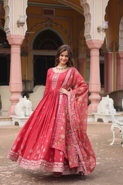 Glamorous Chinon & Sequins Embroidered Gown with Kalamkari Dupatta