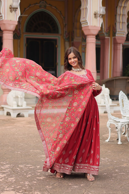 Glamorous Chinon & Sequins Embroidered Gown with Kalamkari Dupatta