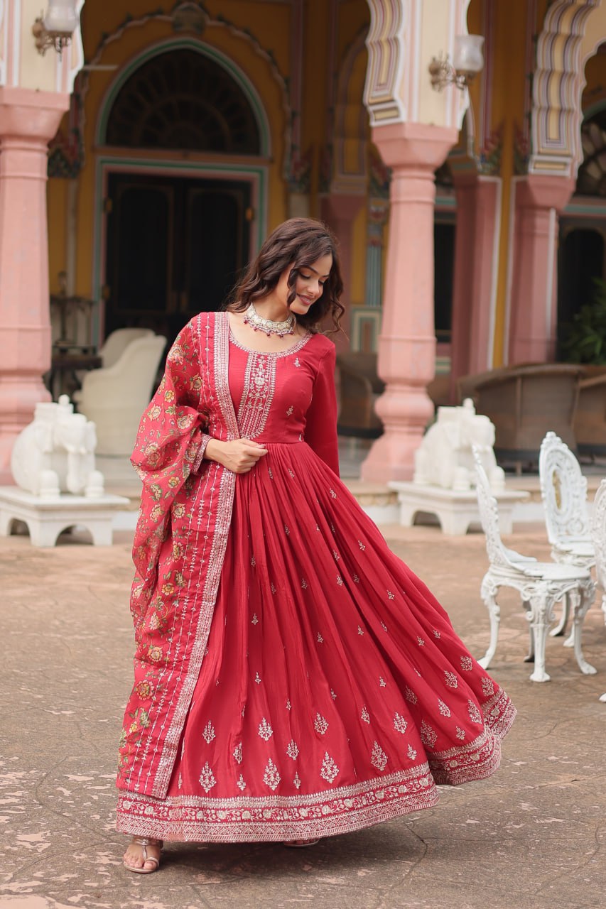 Glamorous Chinon & Sequins Embroidered Gown with Kalamkari Dupatta