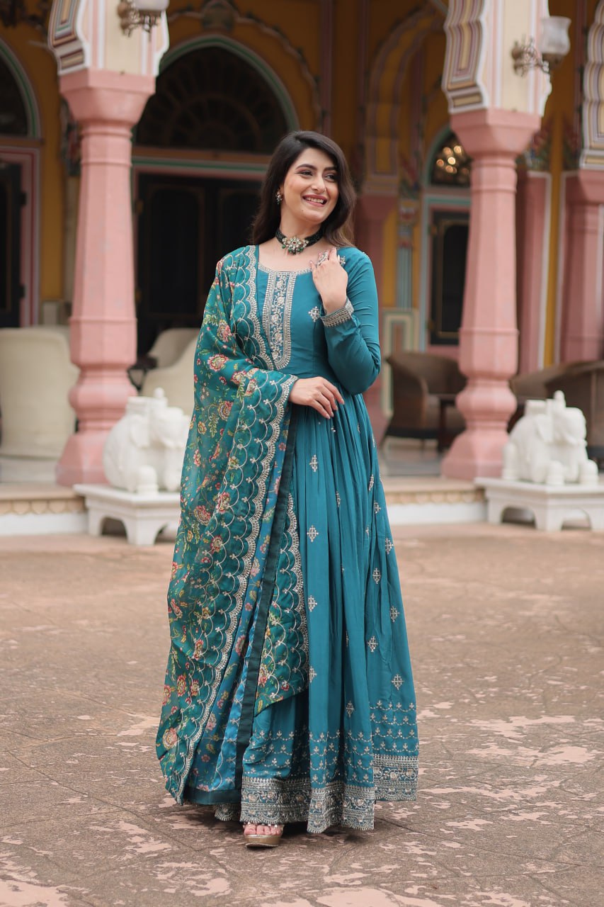 Glamorous Chinon & Sequins Embroidered Gown with Kalamkari Dupatta