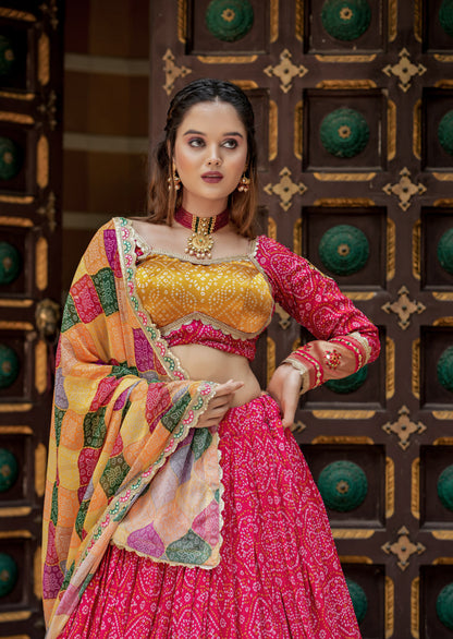 Elegant Gaji Soft Silk Bandhani Lehenga with Embroidery.