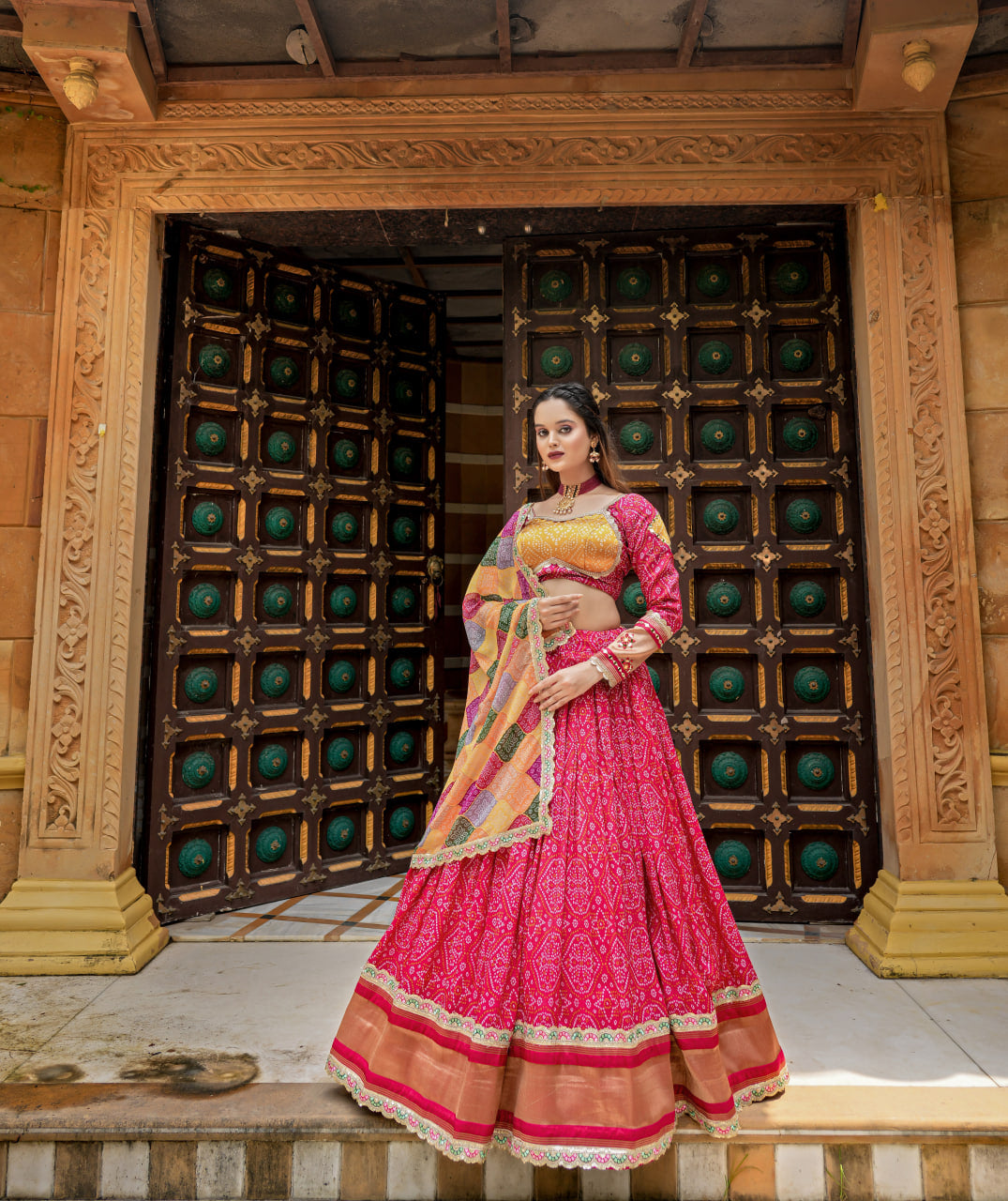 Elegant Gaji Soft Silk Bandhani Lehenga with Embroidery.