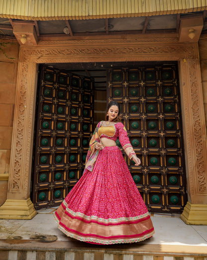 Elegant Gaji Soft Silk Bandhani Lehenga with Embroidery.