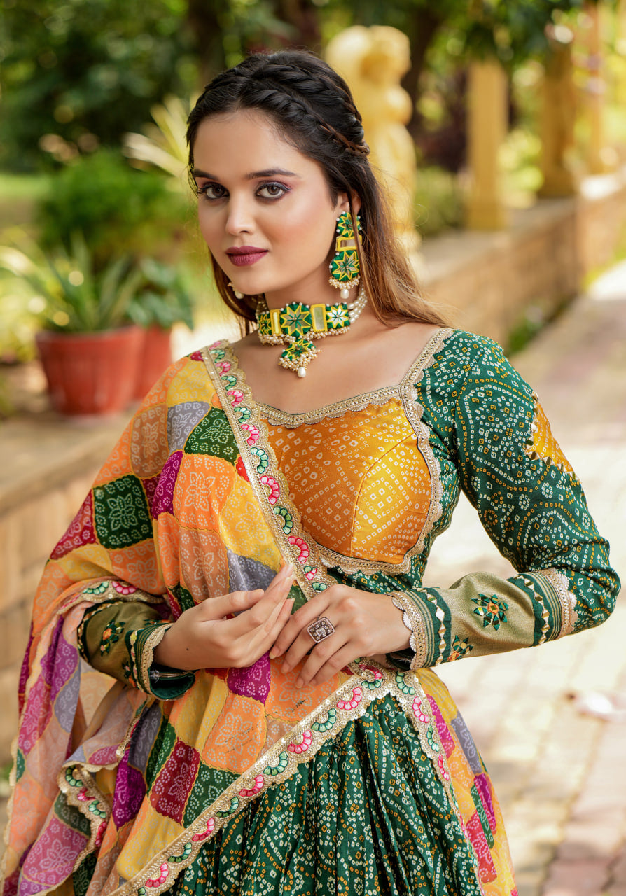 Chic Bandhani Lagdi Patta Lehenga with Zari and Thread Embroidery.