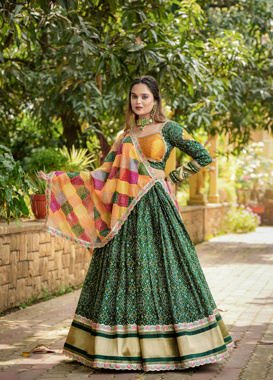 Chic Bandhani Lagdi Patta Lehenga with Zari and Thread Embroidery.