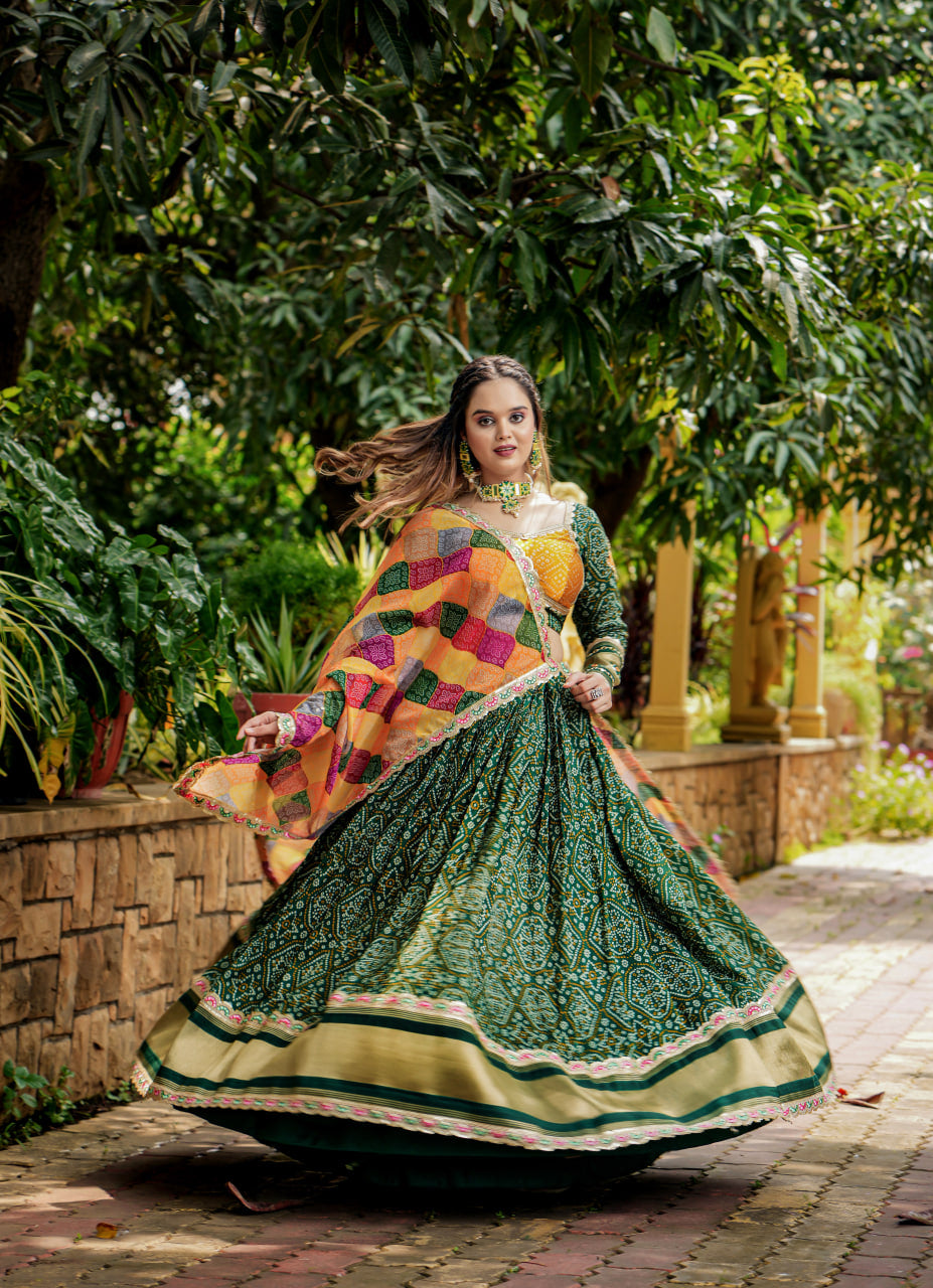 Chic Bandhani Lagdi Patta Lehenga with Zari and Thread Embroidery.