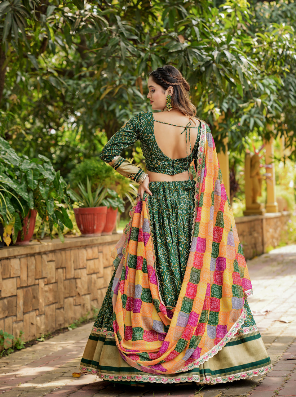 Chic Bandhani Lagdi Patta Lehenga with Zari and Thread Embroidery.