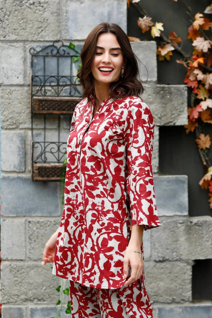 Maroon Muse: Printed Muslin Top and Palazzo Co-ord Set