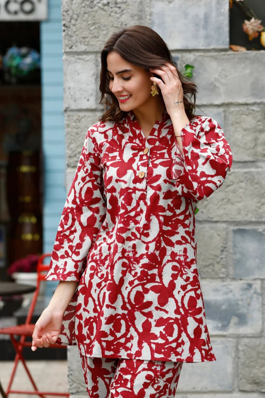 Maroon Muse: Printed Muslin Top and Palazzo Co-ord Set