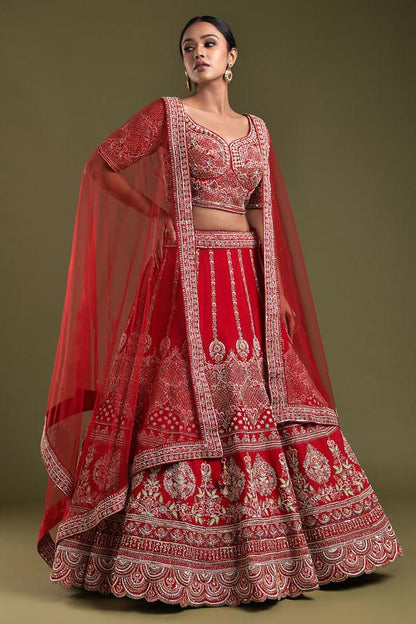 Ruby Radiance: Embroidered Malae Satin Lehenga Choli Ensemble