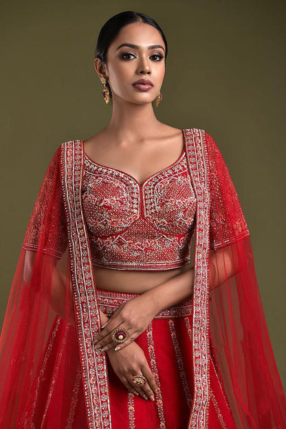 Ruby Radiance: Embroidered Malae Satin Lehenga Choli Ensemble