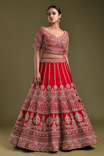 Ruby Radiance: Embroidered Malae Satin Lehenga Choli Ensemble