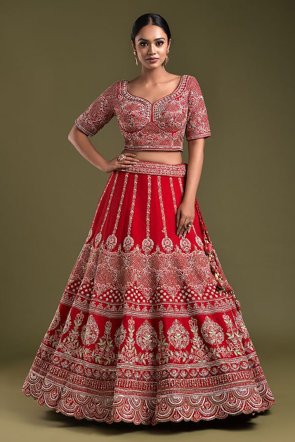 Ruby Radiance: Embroidered Malae Satin Lehenga Choli Ensemble