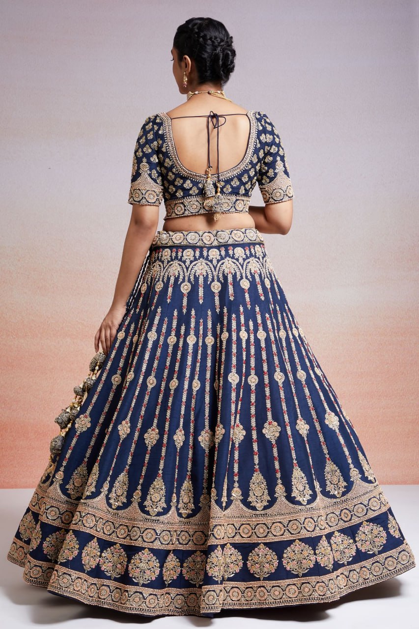 Royal Azure: Embroidered Satin Lehenga Choli Ensemble