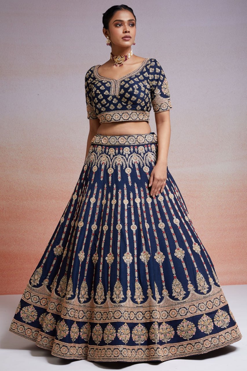 Royal Azure: Embroidered Satin Lehenga Choli Ensemble