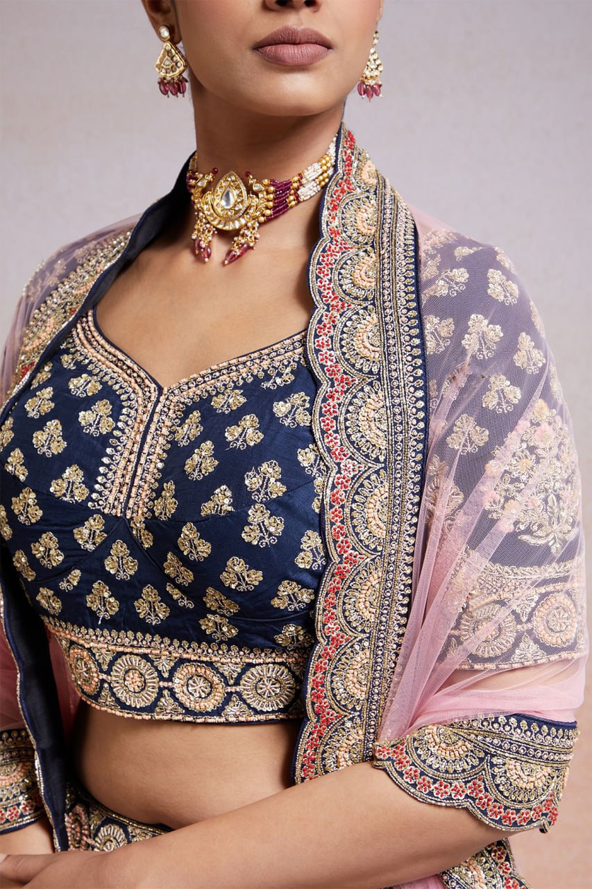 Royal Azure: Embroidered Satin Lehenga Choli Ensemble