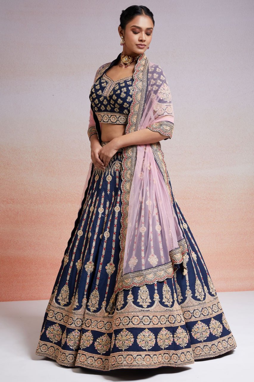 Royal Azure: Embroidered Satin Lehenga Choli Ensemble