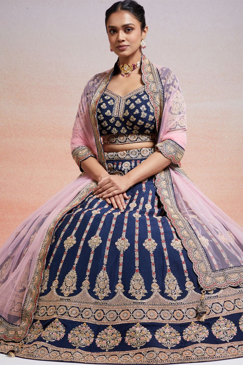 Royal Azure: Embroidered Satin Lehenga Choli Ensemble