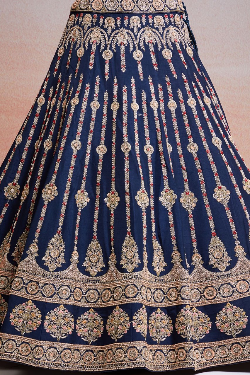 Royal Azure: Embroidered Satin Lehenga Choli Ensemble