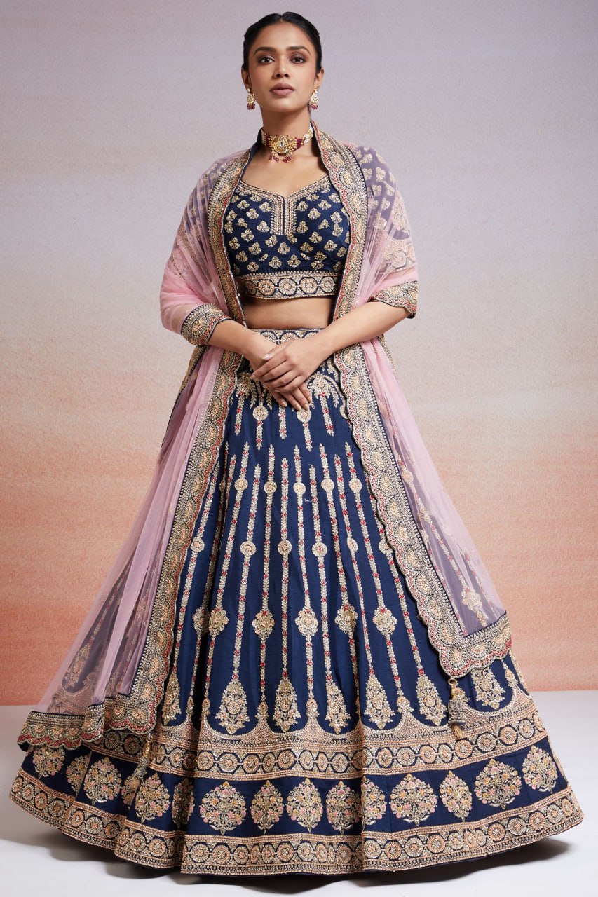 Royal Azure: Embroidered Satin Lehenga Choli Ensemble