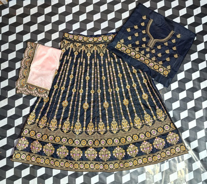 Royal Azure: Embroidered Satin Lehenga Choli Ensemble