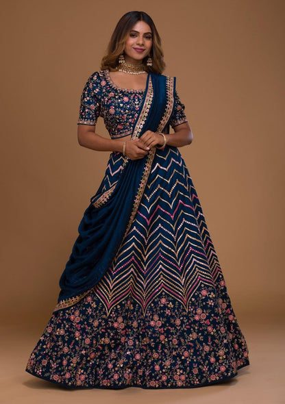 Blueberry Maroon: Embroidered Satin Lehenga Choli Ensemble