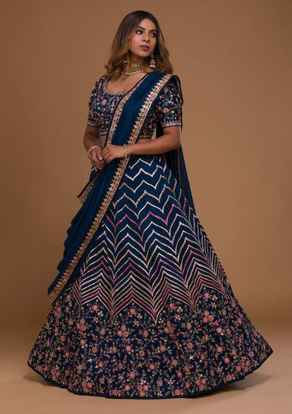 Blueberry Maroon: Embroidered Satin Lehenga Choli Ensemble