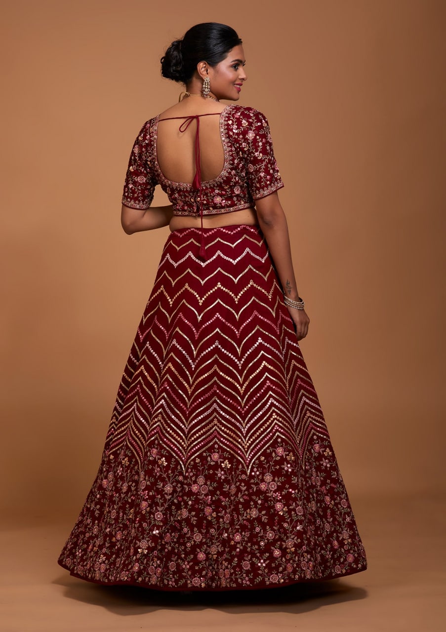 Blueberry Maroon: Embroidered Satin Lehenga Choli Ensemble