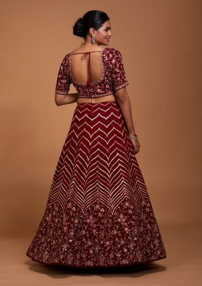 Blueberry Maroon: Embroidered Satin Lehenga Choli Ensemble