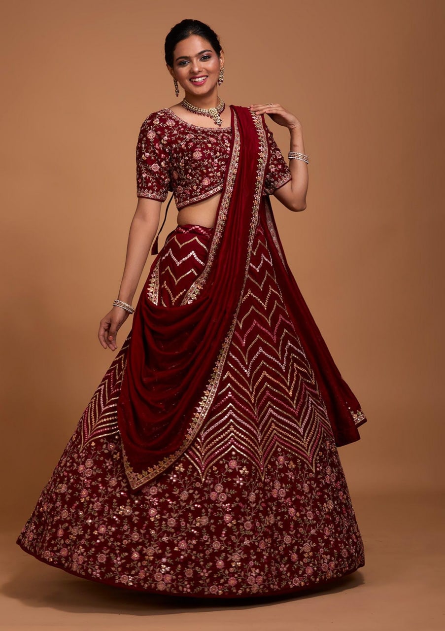 Blueberry Maroon: Embroidered Satin Lehenga Choli Ensemble