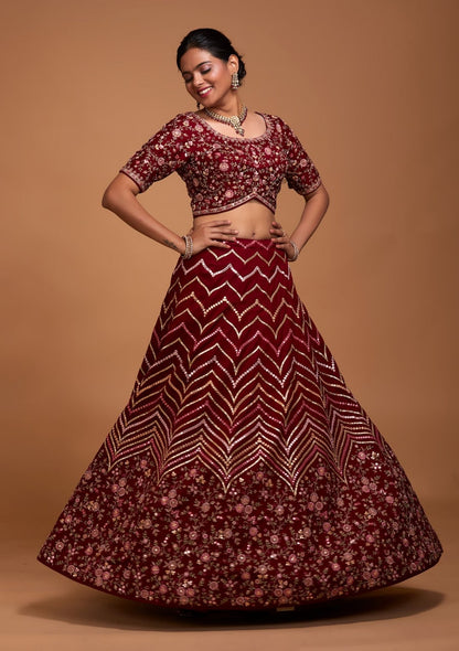 Blueberry Maroon: Embroidered Satin Lehenga Choli Ensemble