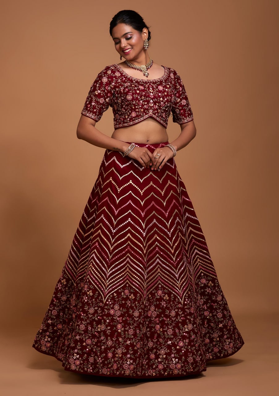 Blueberry Maroon: Embroidered Satin Lehenga Choli Ensemble