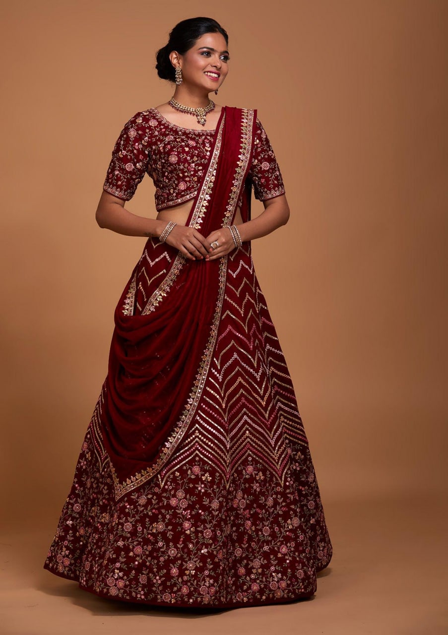 Blueberry Maroon: Embroidered Satin Lehenga Choli Ensemble