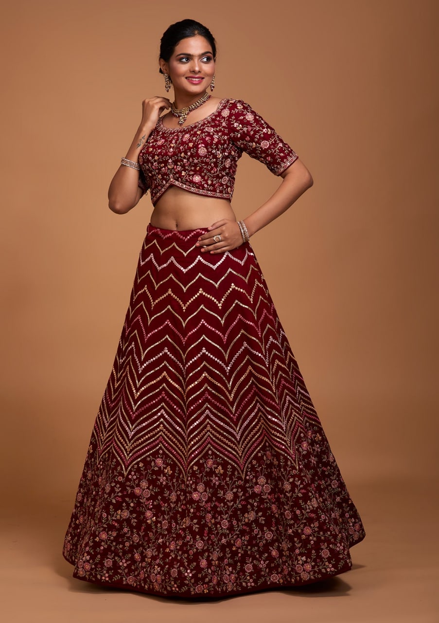 Blueberry Maroon: Embroidered Satin Lehenga Choli Ensemble