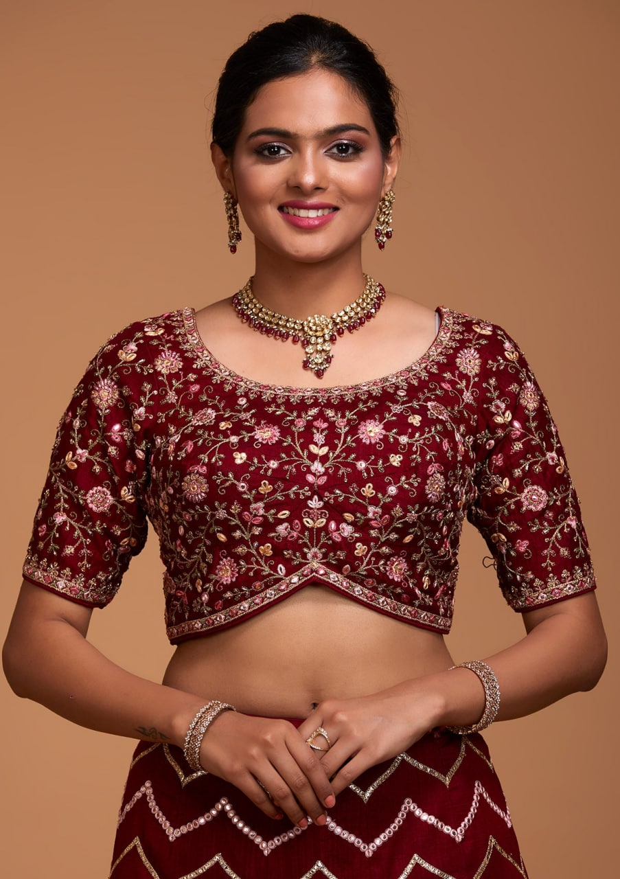 Blueberry Maroon: Embroidered Satin Lehenga Choli Ensemble