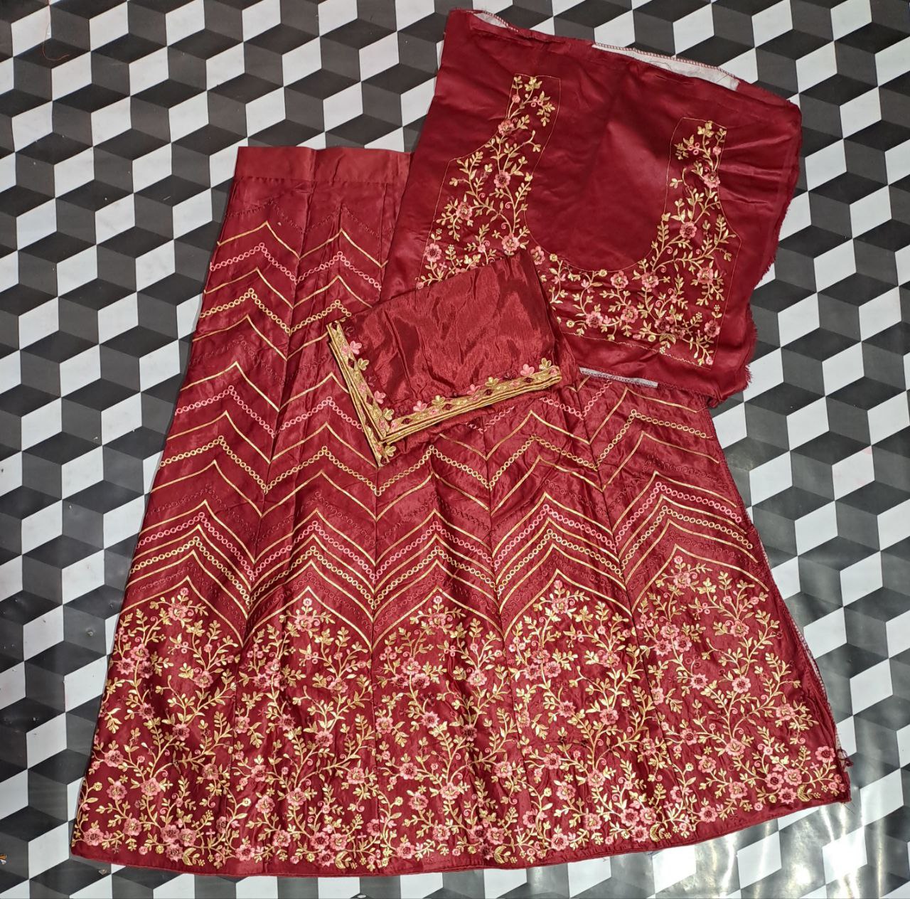 Blueberry Maroon: Embroidered Satin Lehenga Choli Ensemble