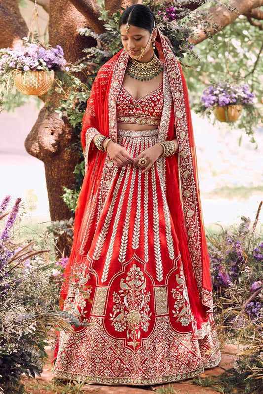 Scarlet Sway: Embroidered Satin Lehenga Choli Ensemble