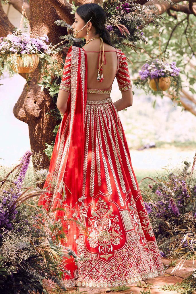 Scarlet Sway: Embroidered Satin Lehenga Choli Ensemble