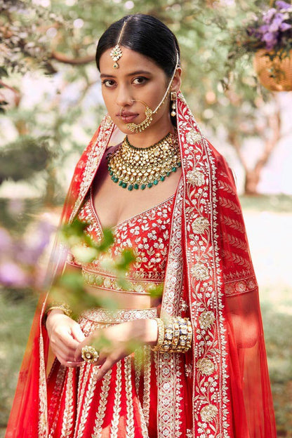 Scarlet Sway: Embroidered Satin Lehenga Choli Ensemble