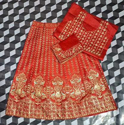 Scarlet Sway: Embroidered Satin Lehenga Choli Ensemble