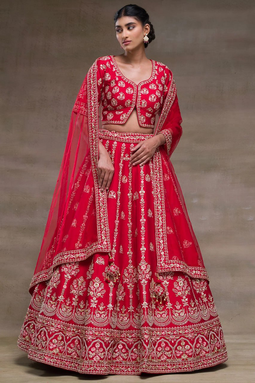 Ruby Radiance: Embroidered Malae Satin Lehenga Choli Ensemble