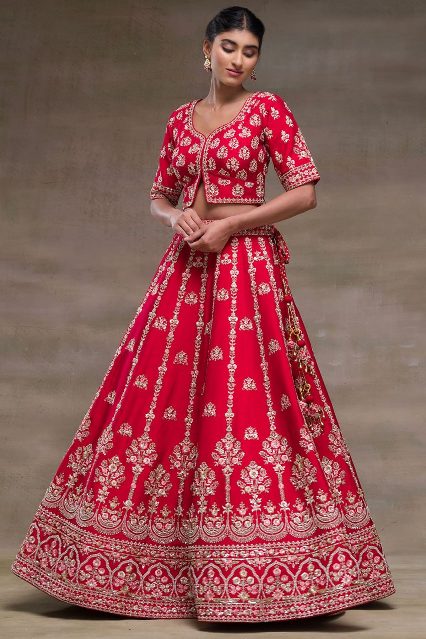 Ruby Radiance: Embroidered Malae Satin Lehenga Choli Ensemble