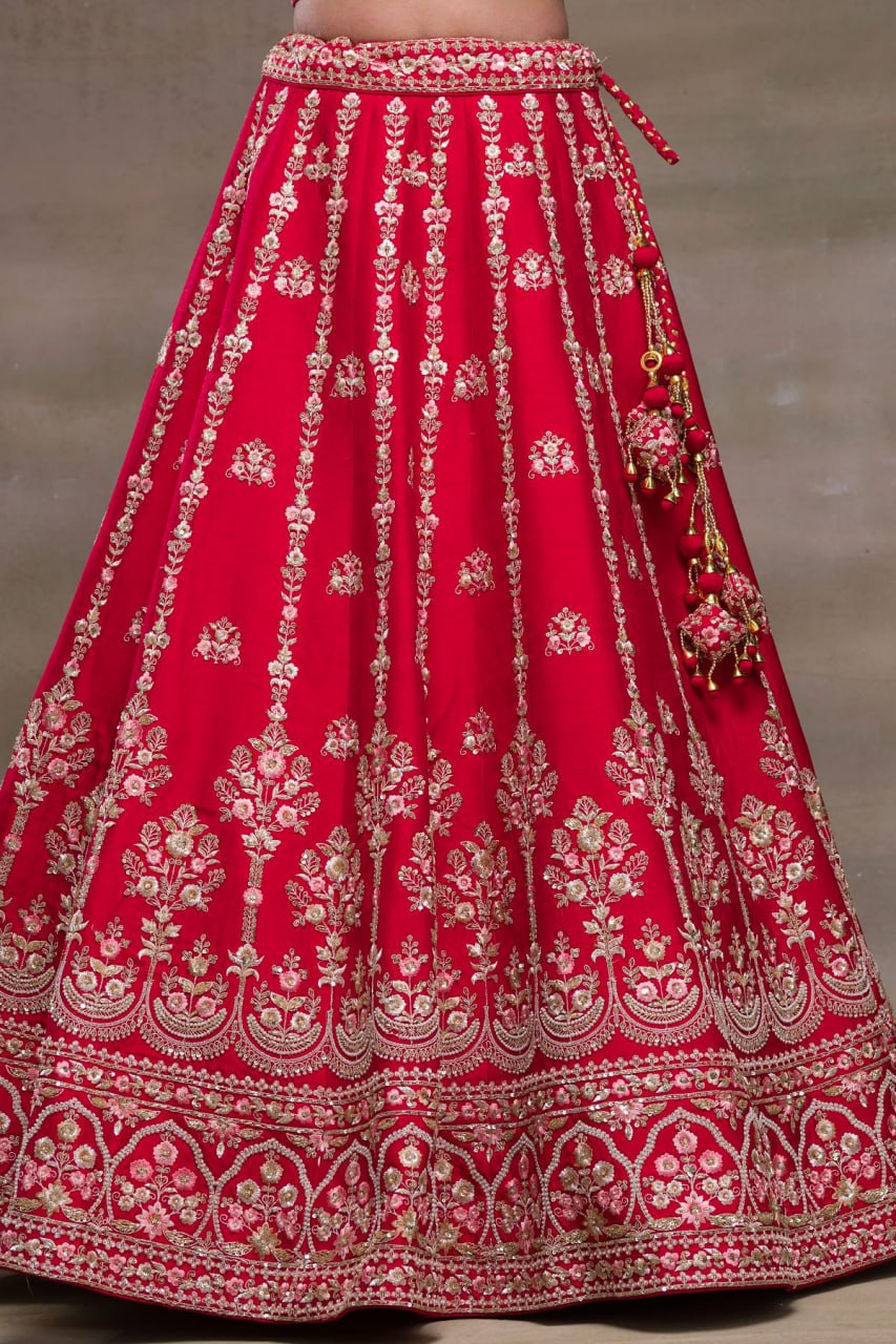 Ruby Radiance: Embroidered Malae Satin Lehenga Choli Ensemble