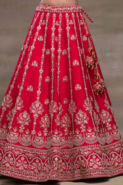 Ruby Radiance: Embroidered Malae Satin Lehenga Choli Ensemble